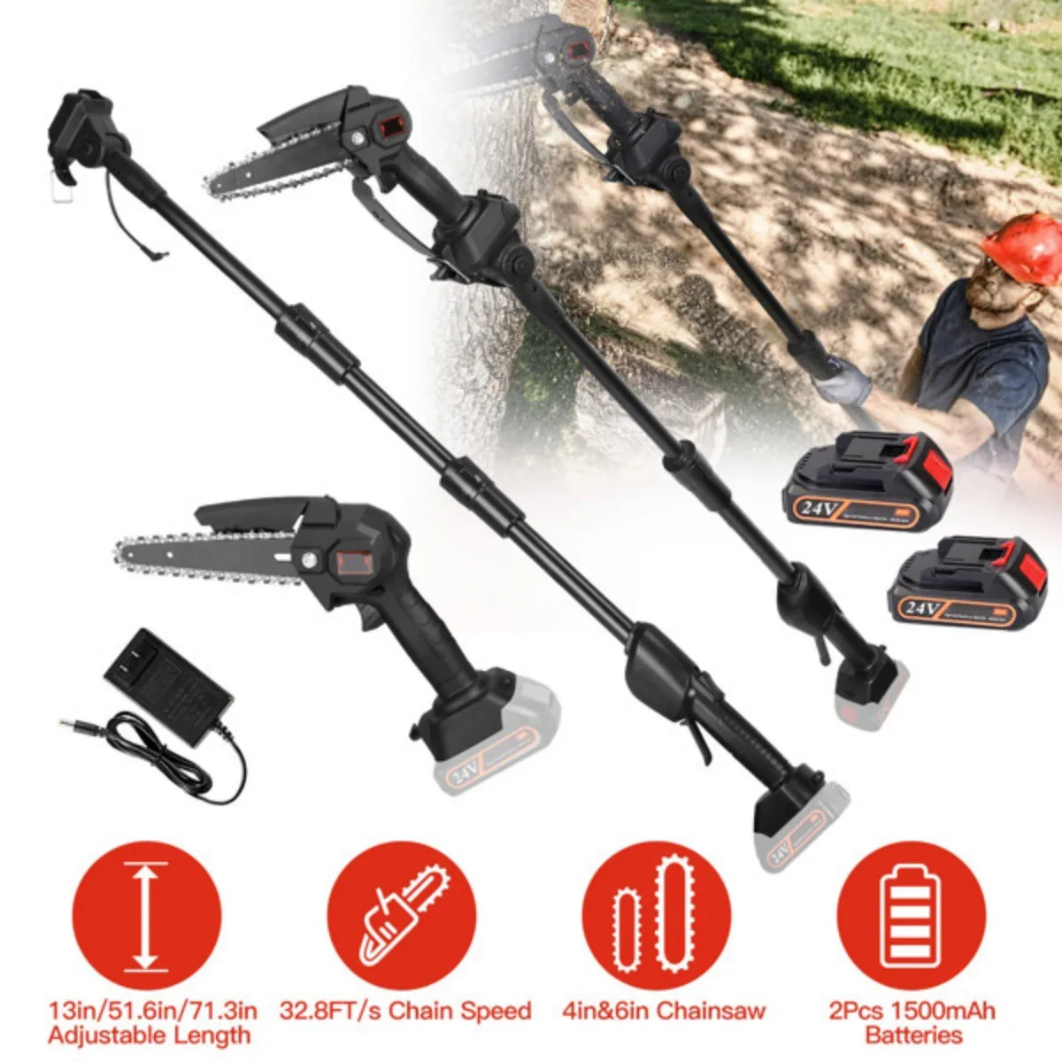2-in-1 Cordless Pole Saw Brushless Mini Chainsaw Cordless with Pole 21500mAh Batteries Powered Pole Saws for Tree Trimming
2-in-1 Cordless Pole Saw Brushless Mini Chainsaw Cordless with Pole 21500mAh Batteries Powered Pole Saws for Tree Trimming