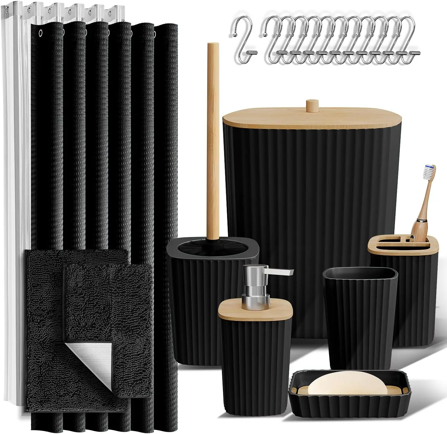 Complete Bathroom Set with Shower Curtain, Rugs, and Trash Can - Black - 22 Pieces for Modern Home Decor
Complete Bathroom Set with Shower Curtain, Rugs, and Trash Can - Black - 22 Pieces for Modern Home Decor