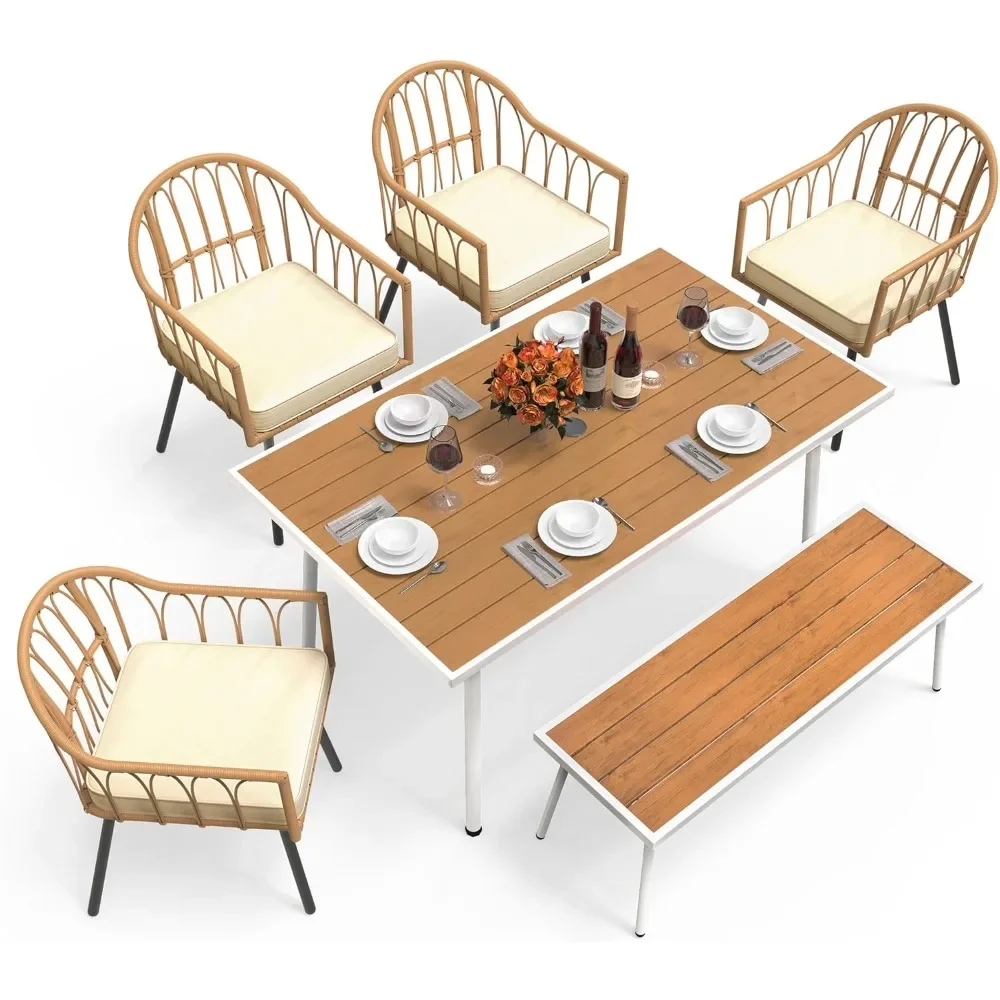 6 Pieces Outdoor Patio Dining Set, Rattan Wicker Patio Dining Chair & Table & Bench Set for 6 People, Sectional Conversation Set
6 Pieces Outdoor Patio Dining Set, Rattan Wicker Patio Dining Chair & Table & Bench Set for 6 People, Sectional Conversation Set