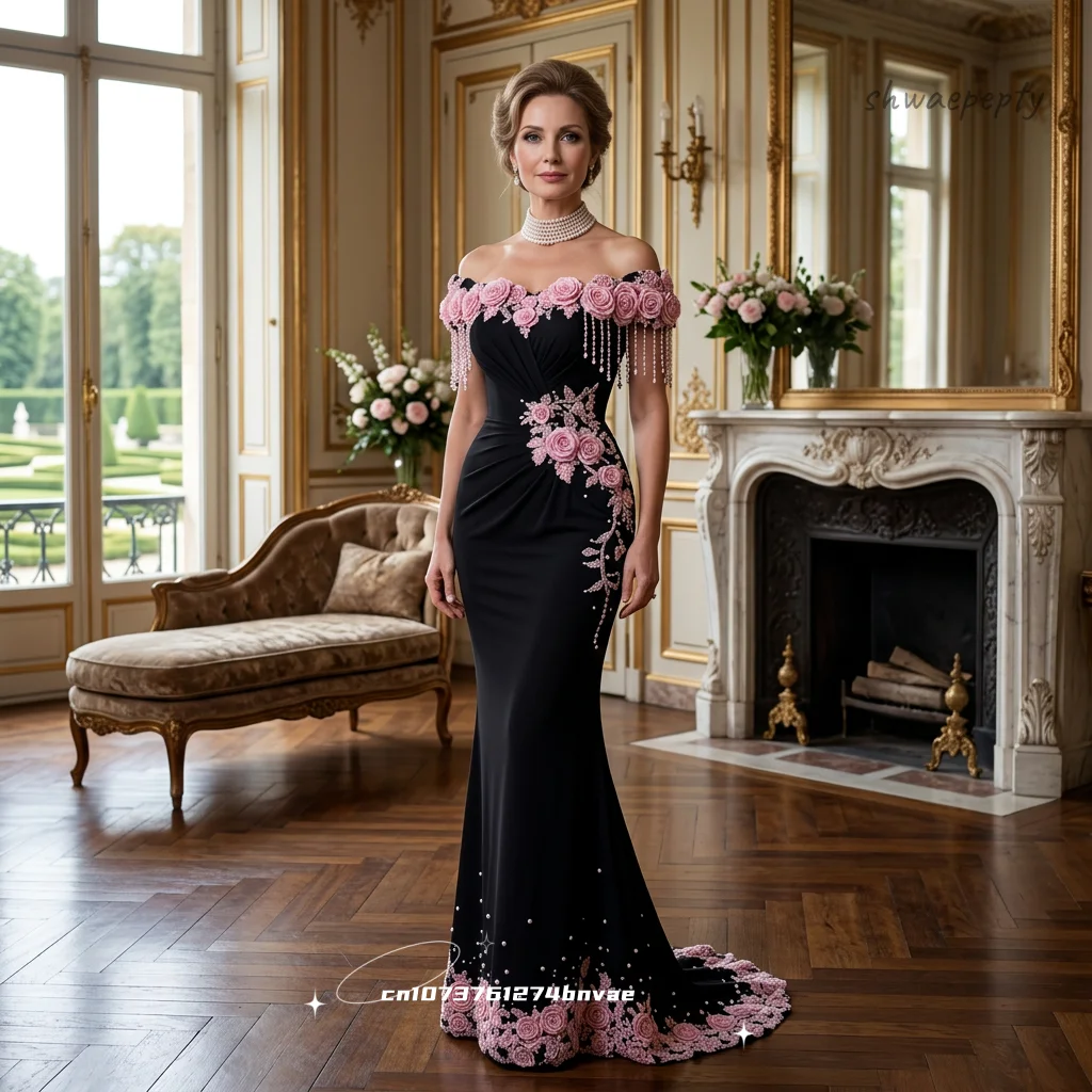 Elegant Black Mermaid Evening Dress With Pink Floral Lace Appliques Pleats Off-Shoulder Mother Wedding Party Dress Customized
Elegant Black Mermaid Evening Dress With Pink Floral Lace Appliques Pleats Off-Shoulder Mother Wedding Party Dress Customized