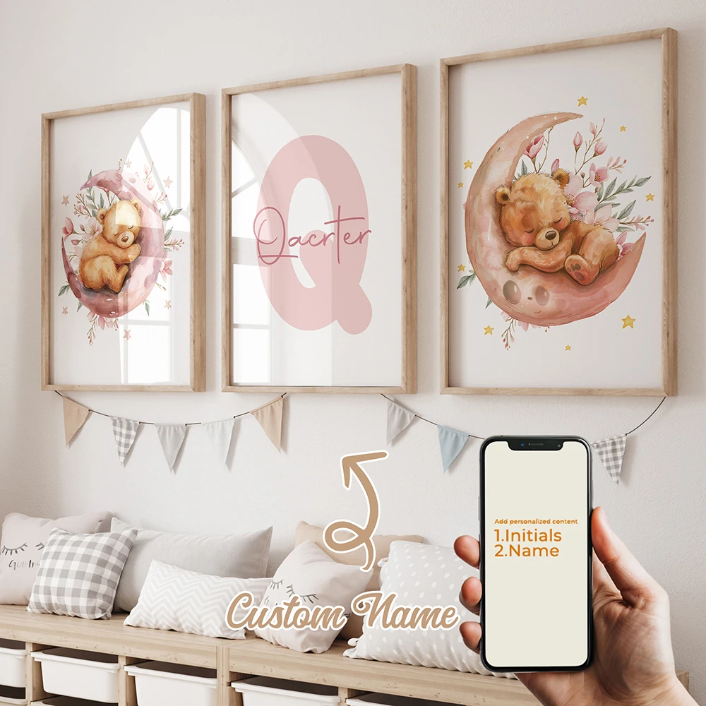 3pcs Personalized Name Custom Cute Pink Brown Bear Moon Flower Wall Art Print Picture Living Room Kids Room Home Decor
3pcs Personalized Name Custom Cute Pink Brown Bear Moon Flower Wall Art Print Picture Living Room Kids Room Home Decor