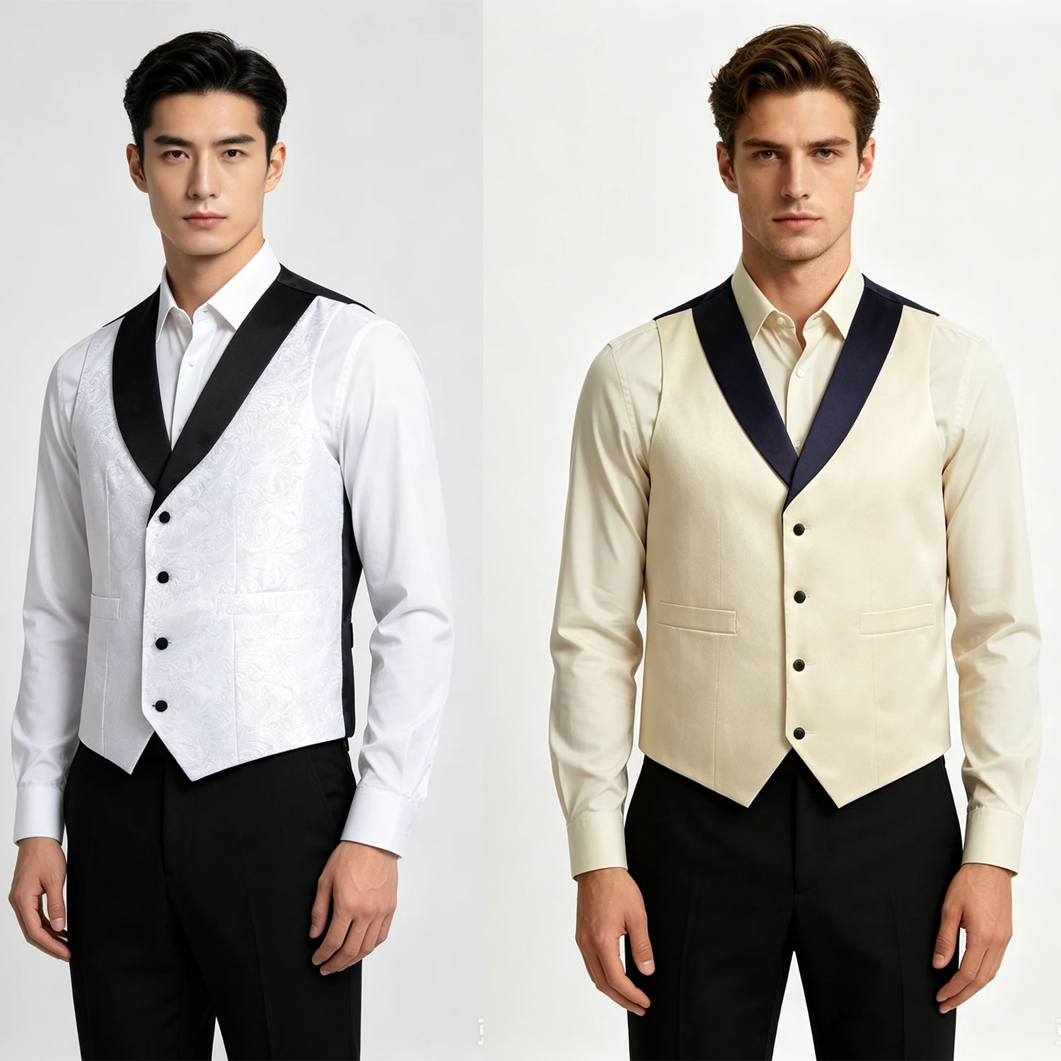 Men's Champagne Satin Waistcoat with Black Shawl Lapel, Formal Slim Fit Dress Vest for Wedding & Party
Men's Champagne Satin Waistcoat with Black Shawl Lapel, Formal Slim Fit Dress Vest for Wedding & Party