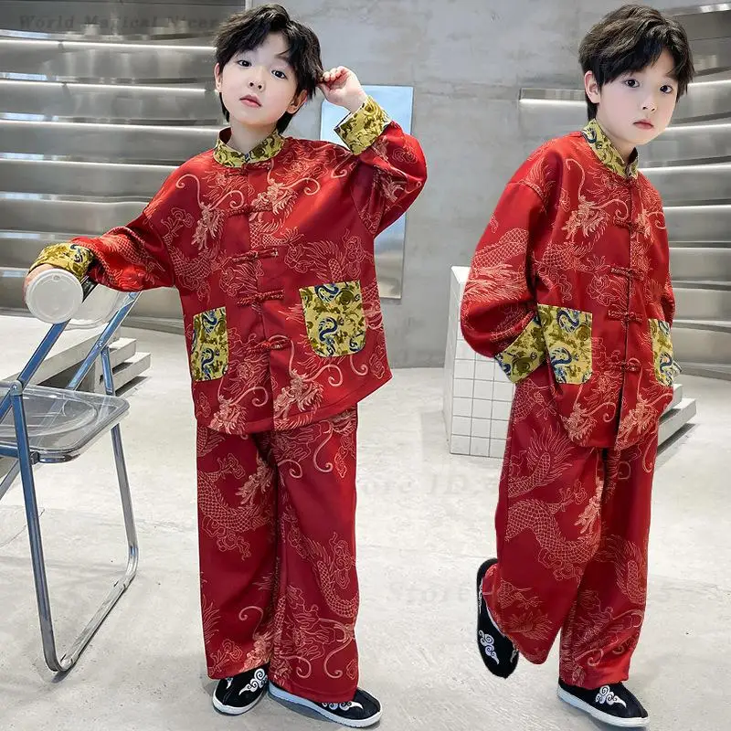 Костюм Тан с принтом красного дракона для мальчиков, традиционный китайский наряд, весенне-осенний комплект: рубашка с длинными рукавами и брюки, Ханьфу
Костюм Тан с принтом красного дракона для мальчиков, традиционный китайский наряд, весенне-осенний комплект: рубашка с длинными рукавами и брюки, Ханьфу