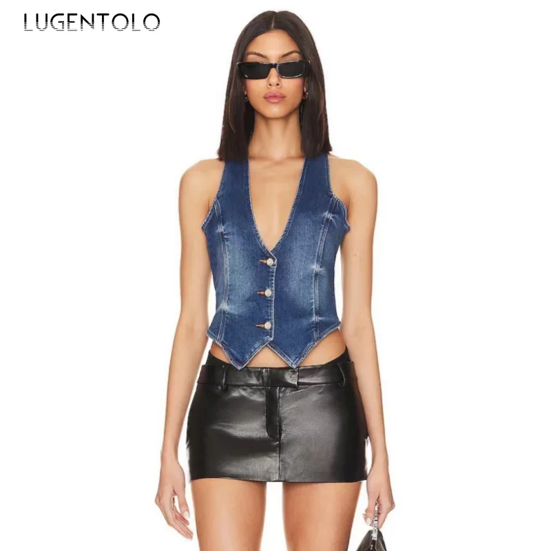 Lugentolo Women Denim Vest Sexy V-neck Sleeveless Slim Coat Single-breasted Summer Hotsweet Fashion New Skinny Short Jackets
Lugentolo Women Denim Vest Sexy V-neck Sleeveless Slim Coat Single-breasted Summer Hotsweet Fashion New Skinny Short Jackets