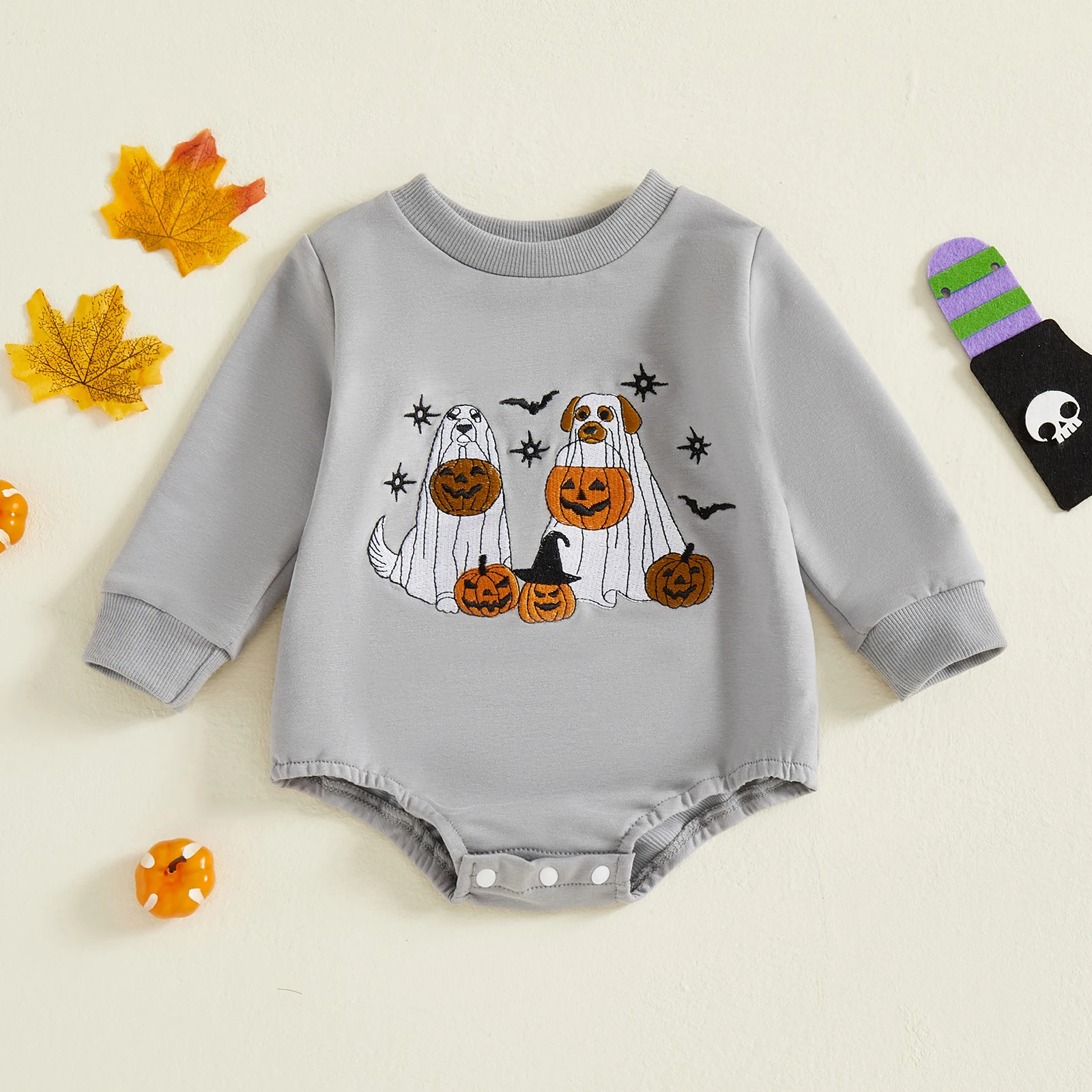0-18 Months Baby Boy Halloween Romper Loose Fit Ghost Dog Pumpkin Embroidered Crew Neck Long Sleeve Jumpsuit for Fall
0-18 Months Baby Boy Halloween Romper Loose Fit Ghost Dog Pumpkin Embroidered Crew Neck Long Sleeve Jumpsuit for Fall