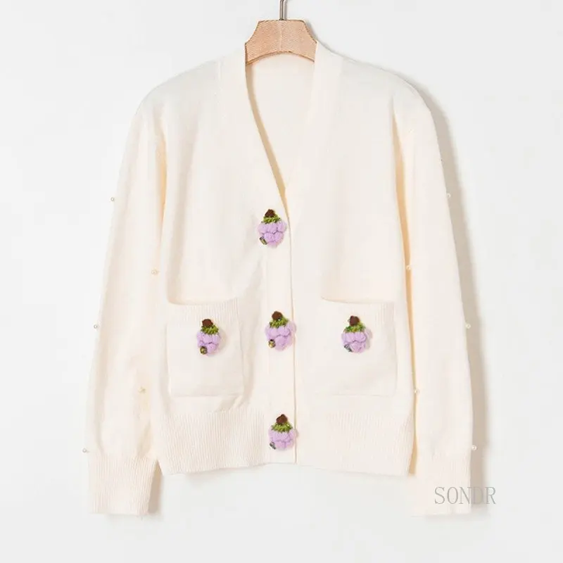 White Cardigan with Crochet Grapes for Women, Black Knitted Cardigan, V-neck Sweater, Knitwear Coat, New, Fall, Winter, 2024
White Cardigan with Crochet Grapes for Women, Black Knitted Cardigan, V-neck Sweater, Knitwear Coat, New, Fall, Winter, 2024
