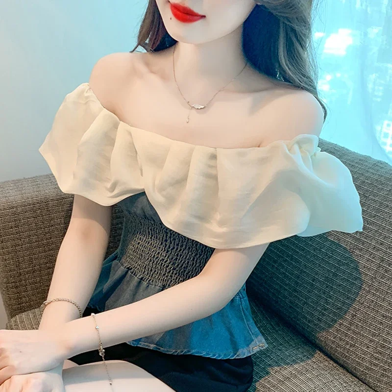Sexy Slash Neck Off Shoulder Blouses French Style Sweet Chiffon Denim Tops Women Shirts Summer Short Puff Sleeve Clothes 27671
Sexy Slash Neck Off Shoulder Blouses French Style Sweet Chiffon Denim Tops Women Shirts Summer Short Puff Sleeve Clothes 27671
