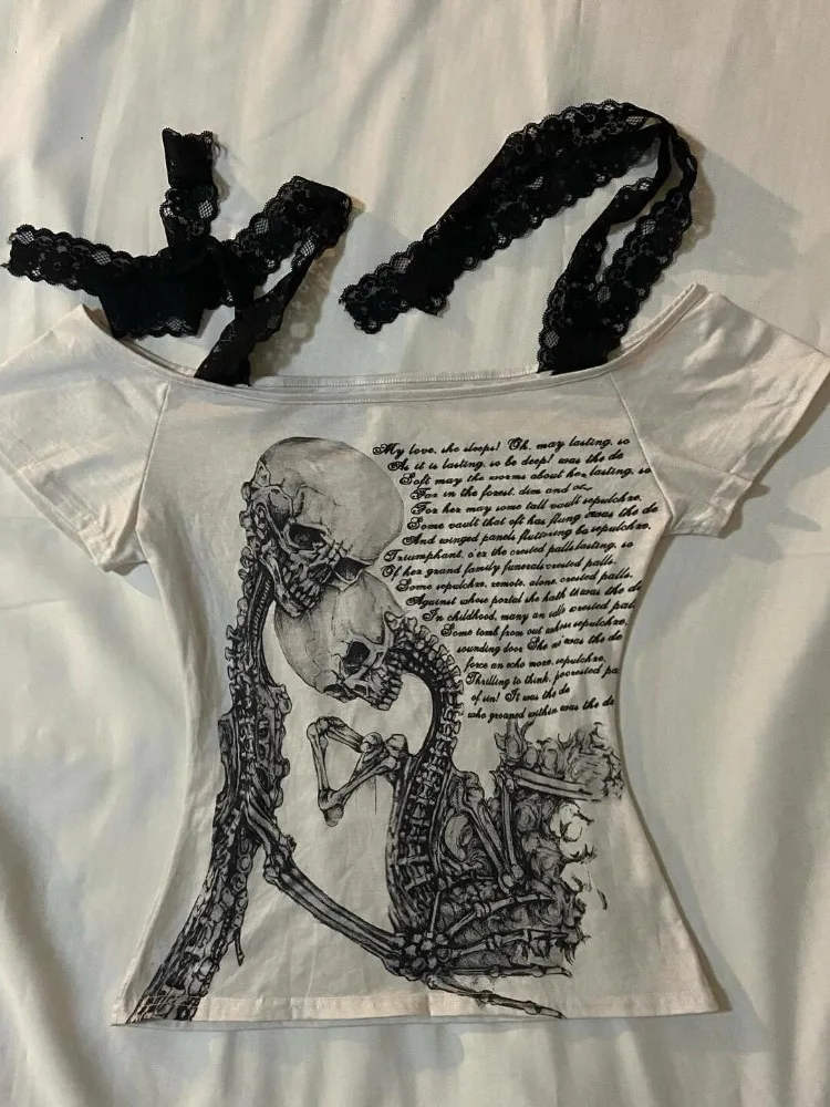 American Retro Skull Print T-shirt for Women 2025 Summer New White Tops Mujer Sexy Off Shoulder Short Sleeve Tee Shirt
American Retro Skull Print T-shirt for Women 2025 Summer New White Tops Mujer Sexy Off Shoulder Short Sleeve Tee Shirt