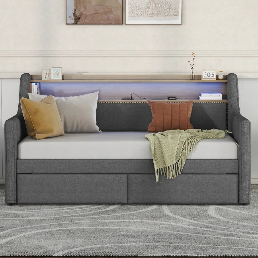 Twin Size Daybed with Storage Drawers Upholstered Daybed with Charging Station and LED Lights Gray Old Item W1580S00034
Twin Size Daybed with Storage Drawers Upholstered Daybed with Charging Station and LED Lights Gray Old Item W1580S00034