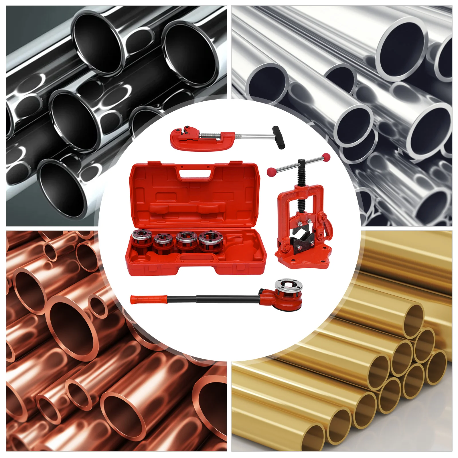 Ratchet Pipe Threader Set, Handheld Pipe Threader Ratchet Kit with 5 Dies, Pipe Cutter, Pipe Vise, for Iron Pipe, Plastic Pipe
Ratchet Pipe Threader Set, Handheld Pipe Threader Ratchet Kit with 5 Dies, Pipe Cutter, Pipe Vise, for Iron Pipe, Plastic Pipe