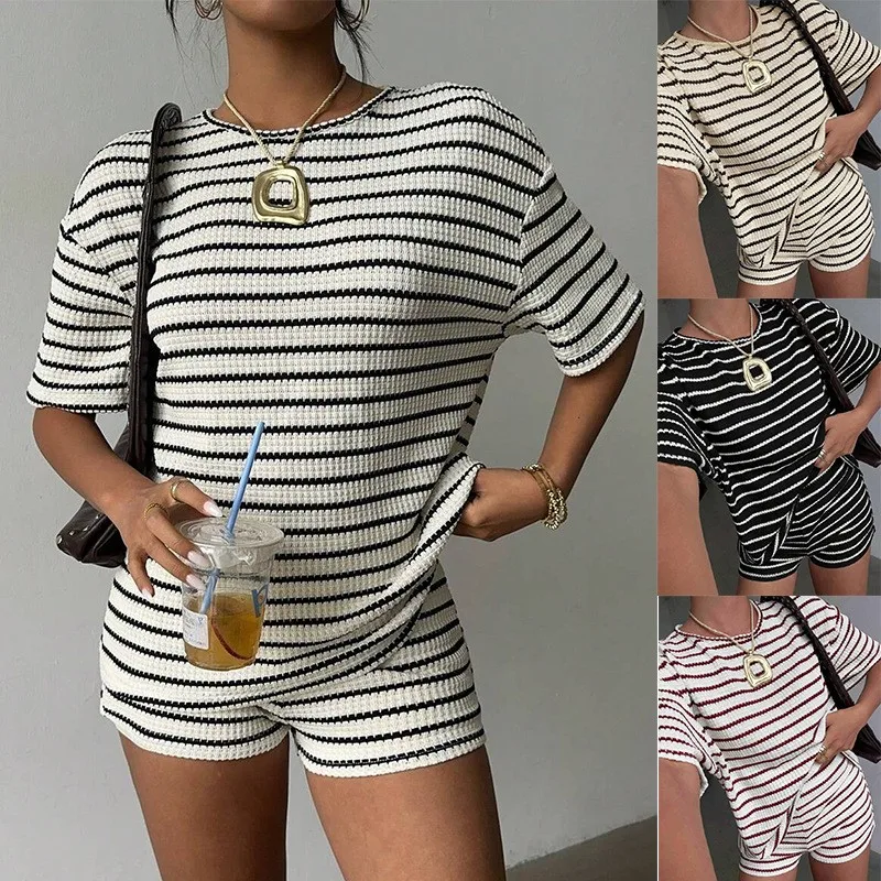 Striped Two Piece Set Shorts Knit Striped Cap Sleeve Short Pants Ribbed Knit Fabric Mini Summer Shorts Round Neck Three Quarter
Striped Two Piece Set Shorts Knit Striped Cap Sleeve Short Pants Ribbed Knit Fabric Mini Summer Shorts Round Neck Three Quarter