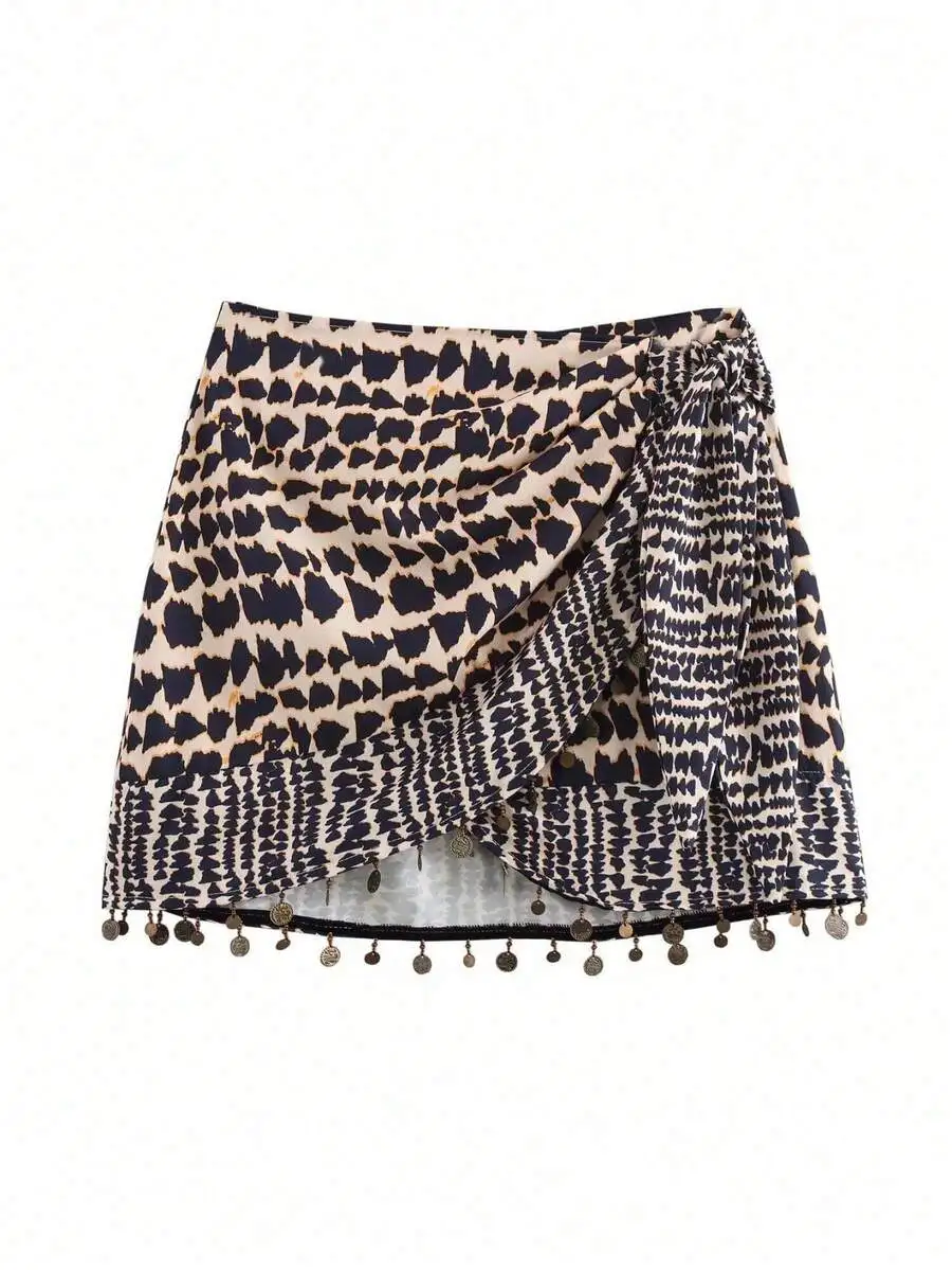 High Waist Wrap Print Short Skirt With Beaded Trim Vacation Style
High Waist Wrap Print Short Skirt With Beaded Trim Vacation Style