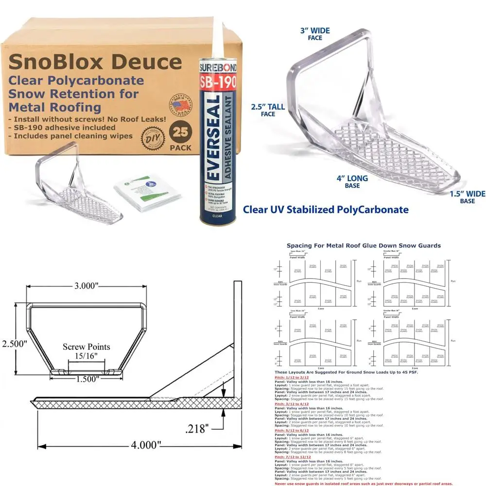 Metal Roof Snow Guards - 25 Clear Adhesive-Backed Corrugated Steel Roof Protection Pieces
Metal Roof Snow Guards - 25 Clear Adhesive-Backed Corrugated Steel Roof Protection Pieces