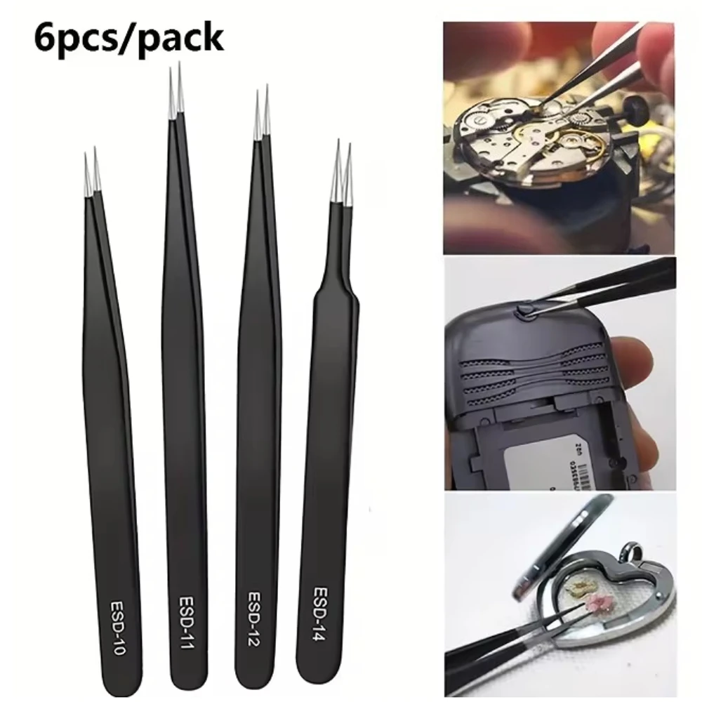 6-Piece ESD Anti-Static Tweezers Set, Precision Stainless Steel Tools for Electronics Repair, Craft Modeling & Bending
6-Piece ESD Anti-Static Tweezers Set, Precision Stainless Steel Tools for Electronics Repair, Craft Modeling & Bending