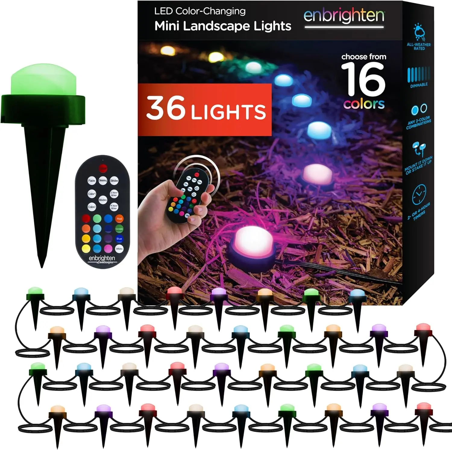 Premium LED Garden Lights, 36 Small Landscape Lights, 70ft Cord with 22ft Lead Wire, Color Changing
Premium LED Garden Lights, 36 Small Landscape Lights, 70ft Cord with 22ft Lead Wire, Color Changing