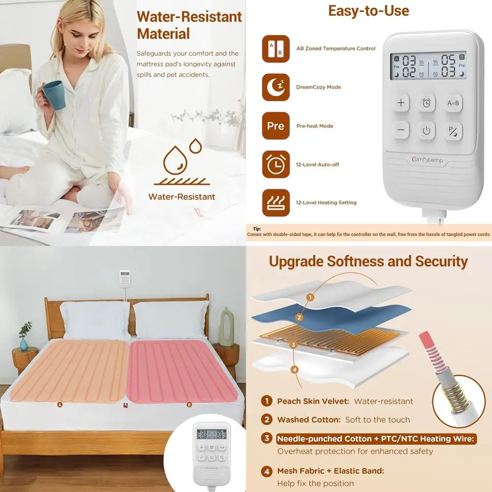 Dual Zone Queen Mattress Pad - Preheat & 12H Timer, 60x80 Bed Warmer with Heat Settings and Non-Slip Cover
Dual Zone Queen Mattress Pad - Preheat & 12H Timer, 60x80 Bed Warmer with Heat Settings and Non-Slip Cover