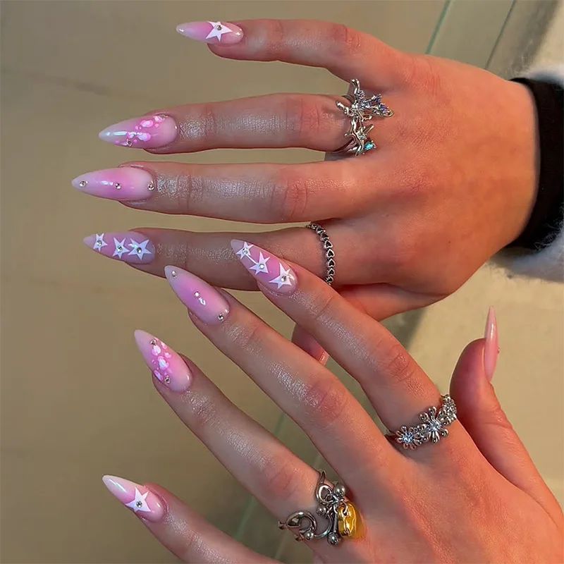 24Pcs Mid-length Almond Full Cover Fake Nail Pink Smudge Rhinestone Design Press on Nails Star Pattern Wearable False Nails Tips
24Pcs Mid-length Almond Full Cover Fake Nail Pink Smudge Rhinestone Design Press on Nails Star Pattern Wearable False Nails Tips