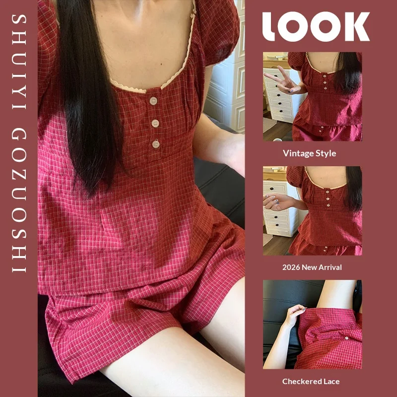 New Sweet Plaid Lace Trim Short-Sleeve and Shorts Pajamas, Girls' Summer Loose Casual Comfortable Shorts Home Wear Summer Set
New Sweet Plaid Lace Trim Short-Sleeve and Shorts Pajamas, Girls' Summer Loose Casual Comfortable Shorts Home Wear Summer Set