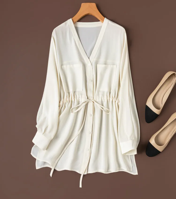 Women Long Sleeve Shirt 100% Mulberry Silk 19 Momme Crepe Silk White Buttons Down Belted Waist Blouse Top Office Work M1521
Women Long Sleeve Shirt 100% Mulberry Silk 19 Momme Crepe Silk White Buttons Down Belted Waist Blouse Top Office Work M1521