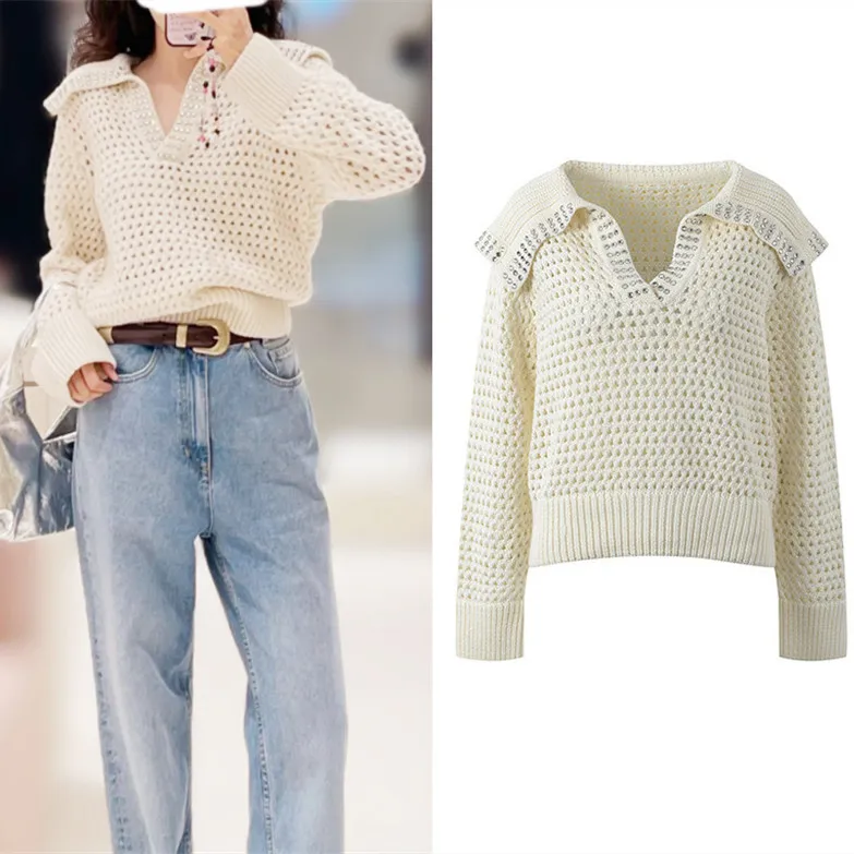 High-End Version White Knitted Hollow out Navy Collar Diamond Decorated Women's Sweater ort Length Long Sve Autumn New A...
High-End Version White Knitted Hollow out Navy Collar Diamond Decorated Women's Sweater ort Length Long Sve Autumn New A...