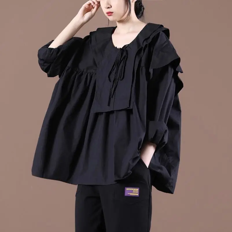 Свободный женский топ большого размера, весна-осень, хлопок, однотонный, с v-образным вырезом, длинный све, корейский топ для поездок на работу и ветер, кукла irt 
Свободный женский топ большого размера, весна-осень, хлопок, однотонный, с v-образным вырезом, длинный све, корейский топ для поездок на работу и ветер, кукла irt