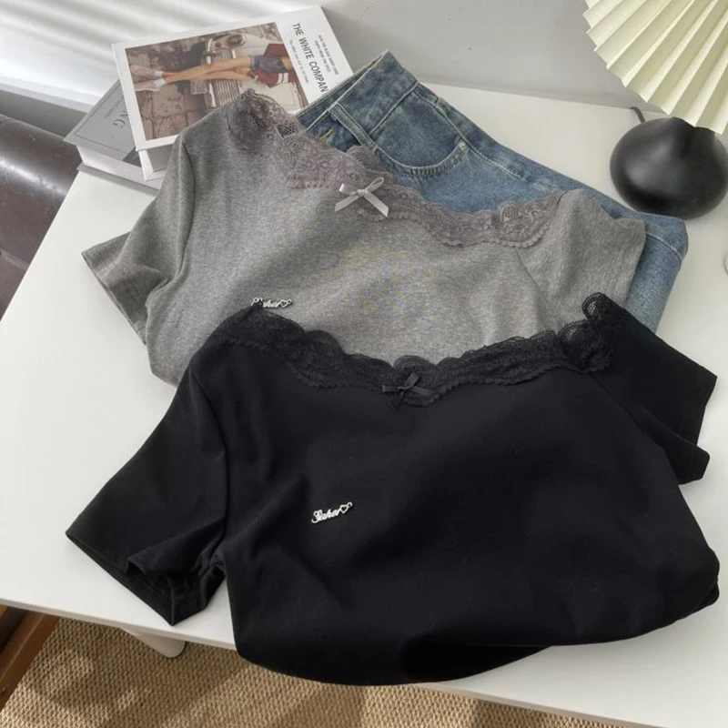 Lace Patchwork Cotton T Shirt Women Sexy Off Shoulder Slim Short Sleeve Tops Korean Fashion Preppy Style Skew Collar Tees New
Lace Patchwork Cotton T Shirt Women Sexy Off Shoulder Slim Short Sleeve Tops Korean Fashion Preppy Style Skew Collar Tees New