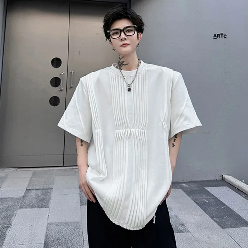 Summer Loose Men's T-shirt Korean Style Casual Round Neck Solid Color Pleated Short Sleeved Male Tops 2024 New Fashion
Summer Loose Men's T-shirt Korean Style Casual Round Neck Solid Color Pleated Short Sleeved Male Tops 2024 New Fashion