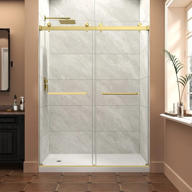 Brushed Gold Reversible Double Bypass Sliding Shower Door, 55"-60" W x 76" H, Frameless, 8mm Tempered Glass with Nano Explosion-Proof Film
Brushed Gold Reversible Double Bypass Sliding Shower Door, 55"-60" W x 76" H, Frameless, 8mm Tempered Glass with Nano Explosion-Proof Film