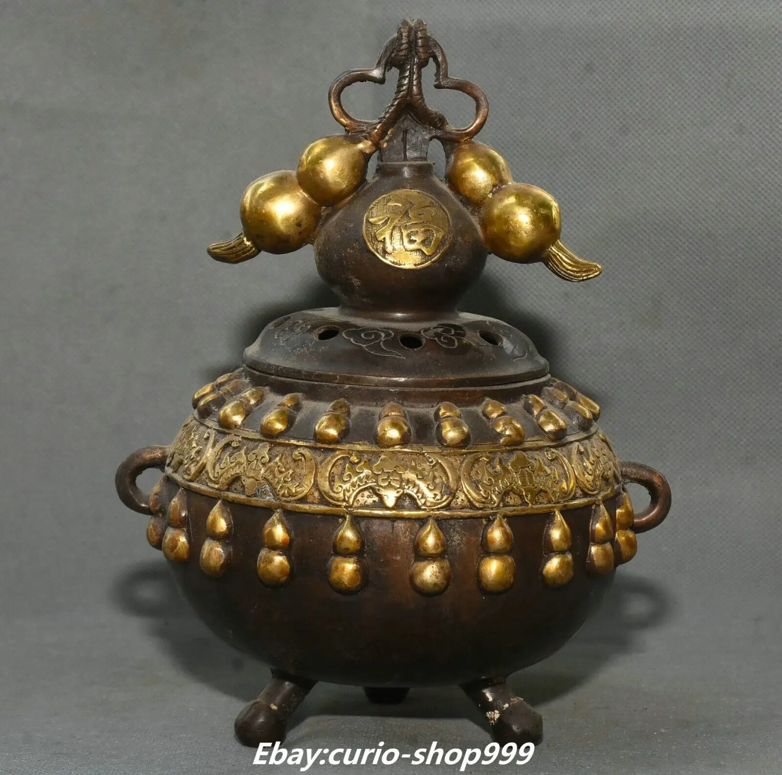 7.8 inch Chinese pure bronze gold-plated feng shui bat gourd gourd incense burner incense burner - brass gilt
7.8 inch Chinese pure bronze gold-plated feng shui bat gourd gourd incense burner incense burner - brass gilt