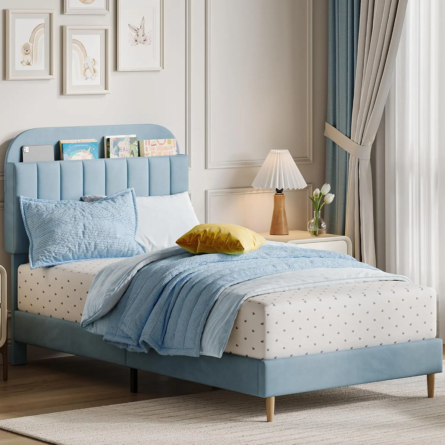 Twin XL Bed Frame with Storage Headboard, Velvet Upholstered Platform Bedframe for Kids, Boy Bed, Strong Wooden, Customized
Twin XL Bed Frame with Storage Headboard, Velvet Upholstered Platform Bedframe for Kids, Boy Bed, Strong Wooden, Customized