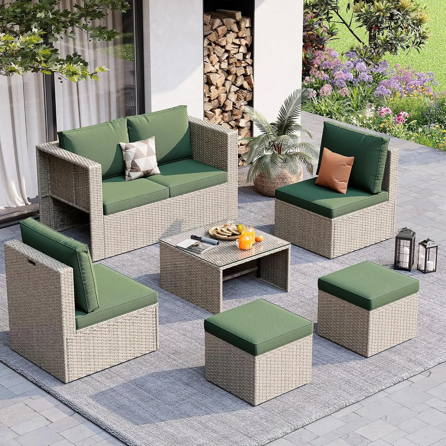 Patio Furniture Set, All-Weather Wicker Outdoor Conversation Sofa Set with Glass Coffee Table, Cushions & Ottomans, Customized
Patio Furniture Set, All-Weather Wicker Outdoor Conversation Sofa Set with Glass Coffee Table, Cushions & Ottomans, Customized