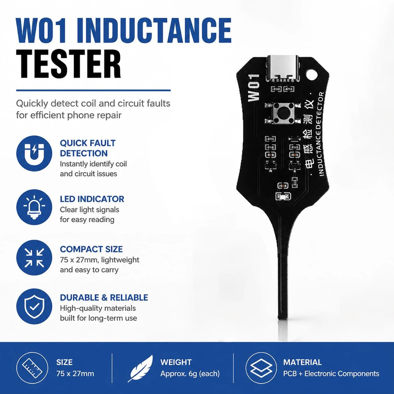 W01 Type C Inductance Tester Mainboard Coil Tester Inductance Detector Electromagnetic Induction Quick Fault Check Repair Tool
W01 Type C Inductance Tester Mainboard Coil Tester Inductance Detector Electromagnetic Induction Quick Fault Check Repair Tool