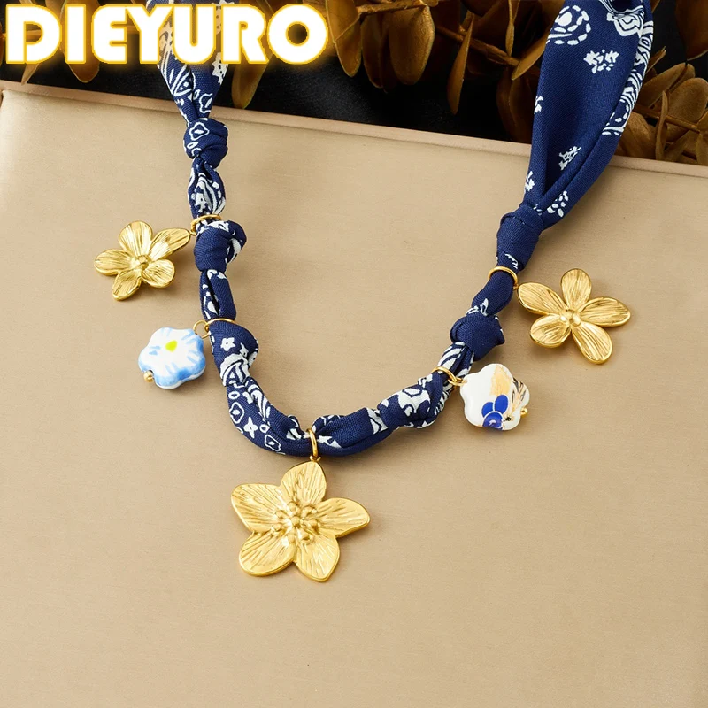 DIEYURO 316L Stainless Steel Petal Enamel Ceramic Flower Pendant Necklace Lady Fashion Vintage Blue Ribbon Neck Chain Jewelry
DIEYURO 316L Stainless Steel Petal Enamel Ceramic Flower Pendant Necklace Lady Fashion Vintage Blue Ribbon Neck Chain Jewelry