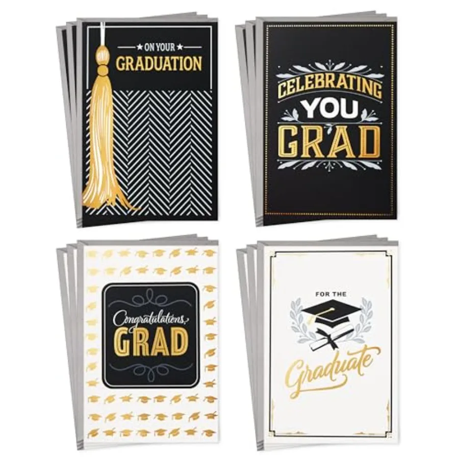 Graduation Cards Assortment, Black and Gold, Congratulations Grad 12 Cards and Envelopes, 4 Designs
Graduation Cards Assortment, Black and Gold, Congratulations Grad 12 Cards and Envelopes, 4 Designs