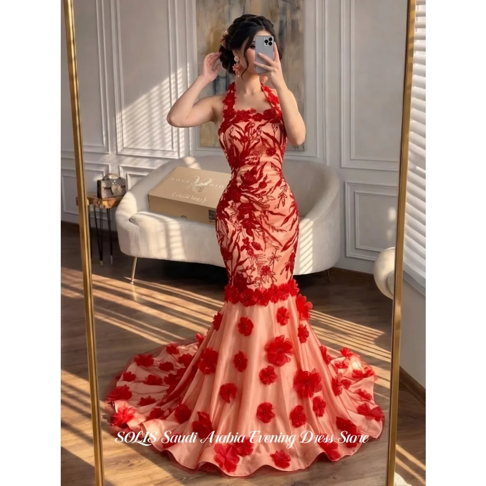 SOLIS Red Halter Neck Prom Dress 3D Floral Lace Evening Dress Mermaid Party Gown Saudi Arabia Formal Occasion Dress Customized
SOLIS Red Halter Neck Prom Dress 3D Floral Lace Evening Dress Mermaid Party Gown Saudi Arabia Formal Occasion Dress Customized