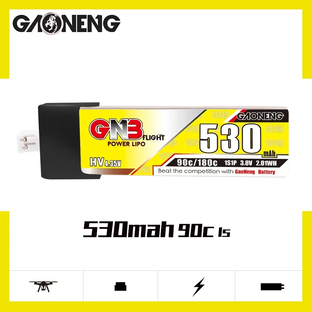 GAONENG GNB 530mAh HV 1S 90C 180C 3.8V Plastic Head PH2.0 LiPo Battery BetaFPV Beta75X Happymodel Mobula6 Mobula7 Snapper
GAONENG GNB 530mAh HV 1S 90C 180C 3.8V Plastic Head PH2.0 LiPo Battery BetaFPV Beta75X Happymodel Mobula6 Mobula7 Snapper