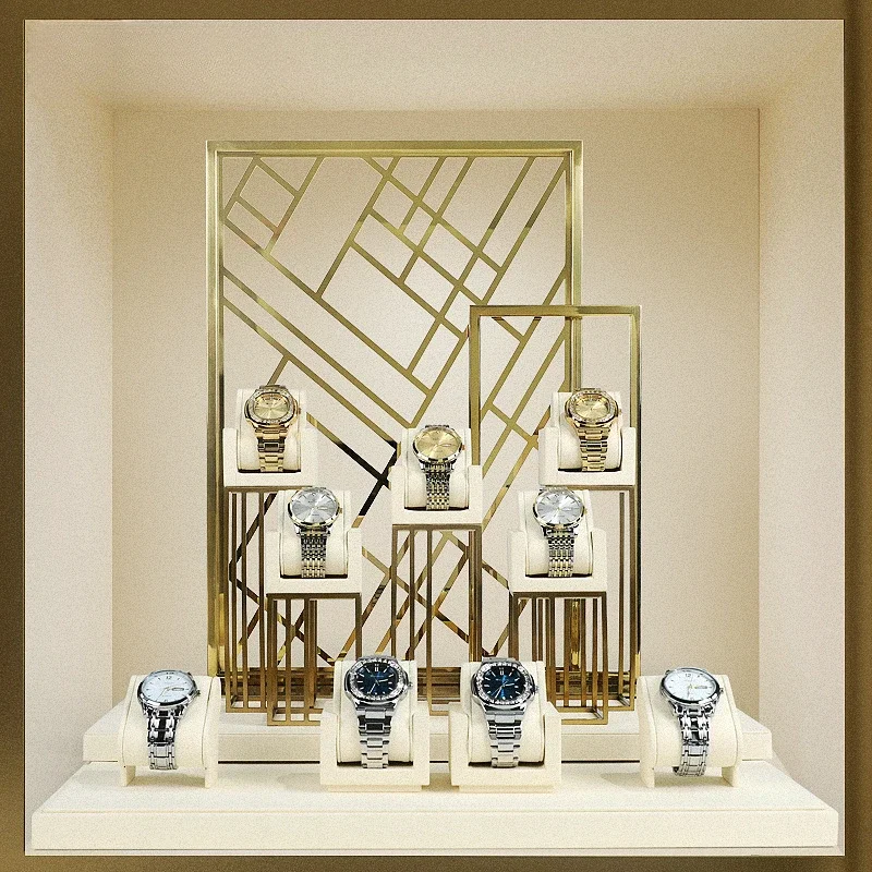High-end beige white metal watch display rack window watch counter jewelry bracelet watch display props
High-end beige white metal watch display rack window watch counter jewelry bracelet watch display props