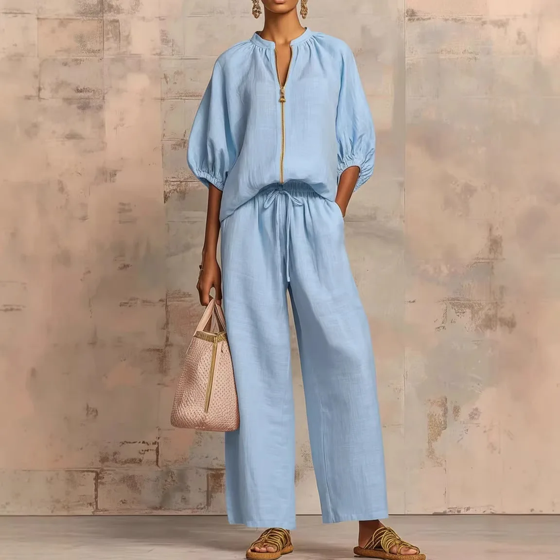 Zipper Matching Set Women Spring Summer Solid Color Round Neck Top Wide Leg Pants 2 Piece Outfits Suits Casual Streetwear
Zipper Matching Set Women Spring Summer Solid Color Round Neck Top Wide Leg Pants 2 Piece Outfits Suits Casual Streetwear