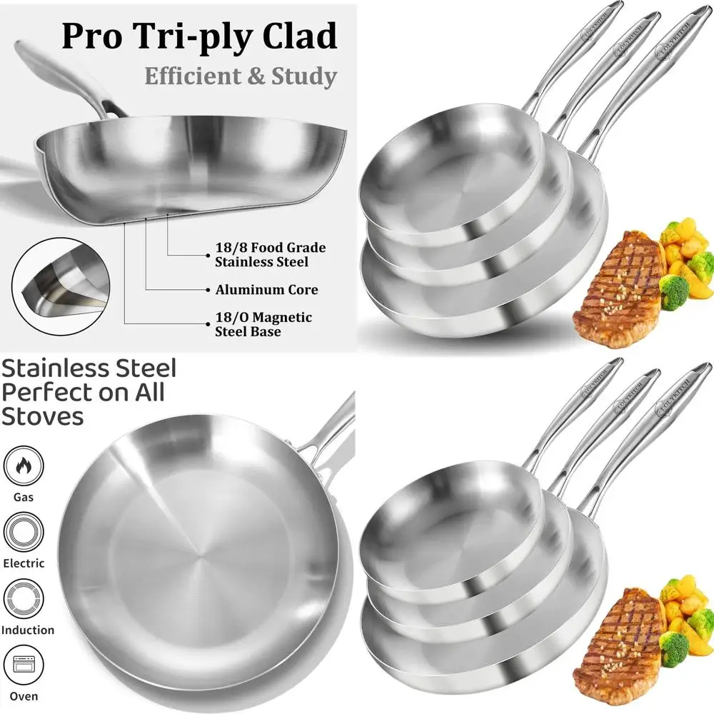 3-Piece Stainless Steel Frying Pan Set, 8, 10, and 12, Induction Ready, Dishwasher Safe Cookware for All Stovetops
3-Piece Stainless Steel Frying Pan Set, 8, 10, and 12, Induction Ready, Dishwasher Safe Cookware for All Stovetops