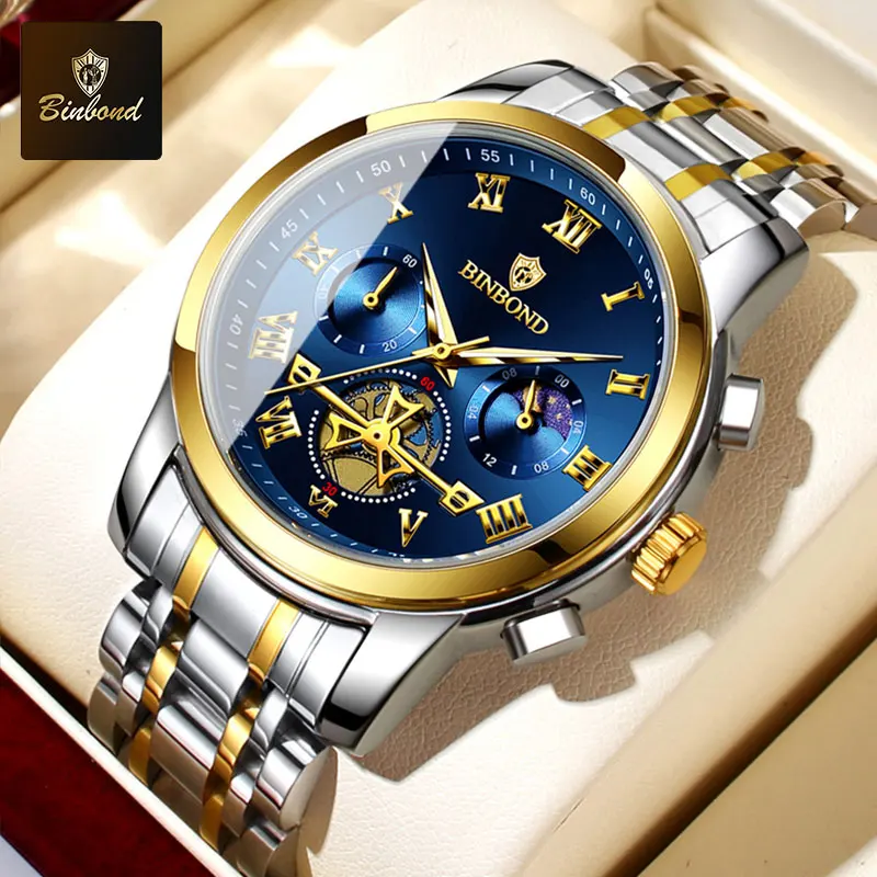 BINBOND Moon Phase Мужские часы с хронографом Высококачественные часы Мужские водонепроницаемые кварцевые часы из нержавеющей стали для мужчин Элитный бренд
BINBOND Moon Phase Мужские часы с хронографом Высококачественные часы Мужские водонепроницаемые кварцевые часы из нержавеющей стали для мужчин Элитный бренд