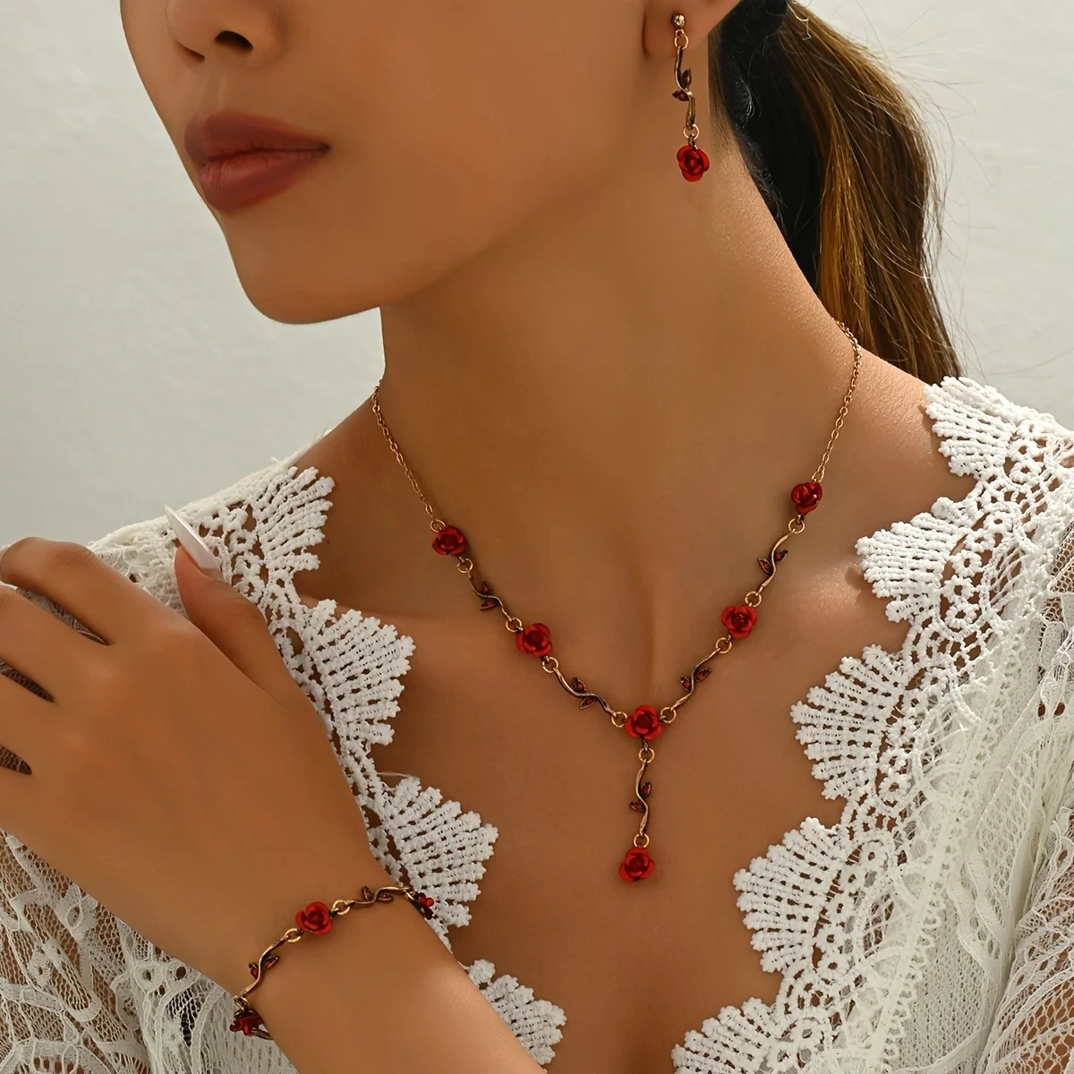 Lxalry Romantic Red Rose Jewelry Set, Handmade Electroplated Necklace Bracelet & Earrings Trio, Bridal Gift
Lxalry Romantic Red Rose Jewelry Set, Handmade Electroplated Necklace Bracelet & Earrings Trio, Bridal Gift