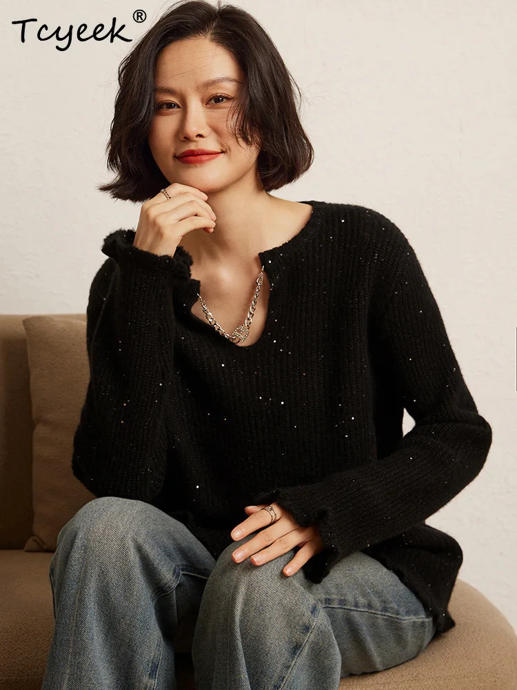 Tcyeek, Cashmere Wool Soft Sweater, Women V-Neck Chain Frayed, Fashion Casual Loose Pullover, 2024 Autumn Winter Top T48722QM
Tcyeek, Cashmere Wool Soft Sweater, Women V-Neck Chain Frayed, Fashion Casual Loose Pullover, 2024 Autumn Winter Top T48722QM