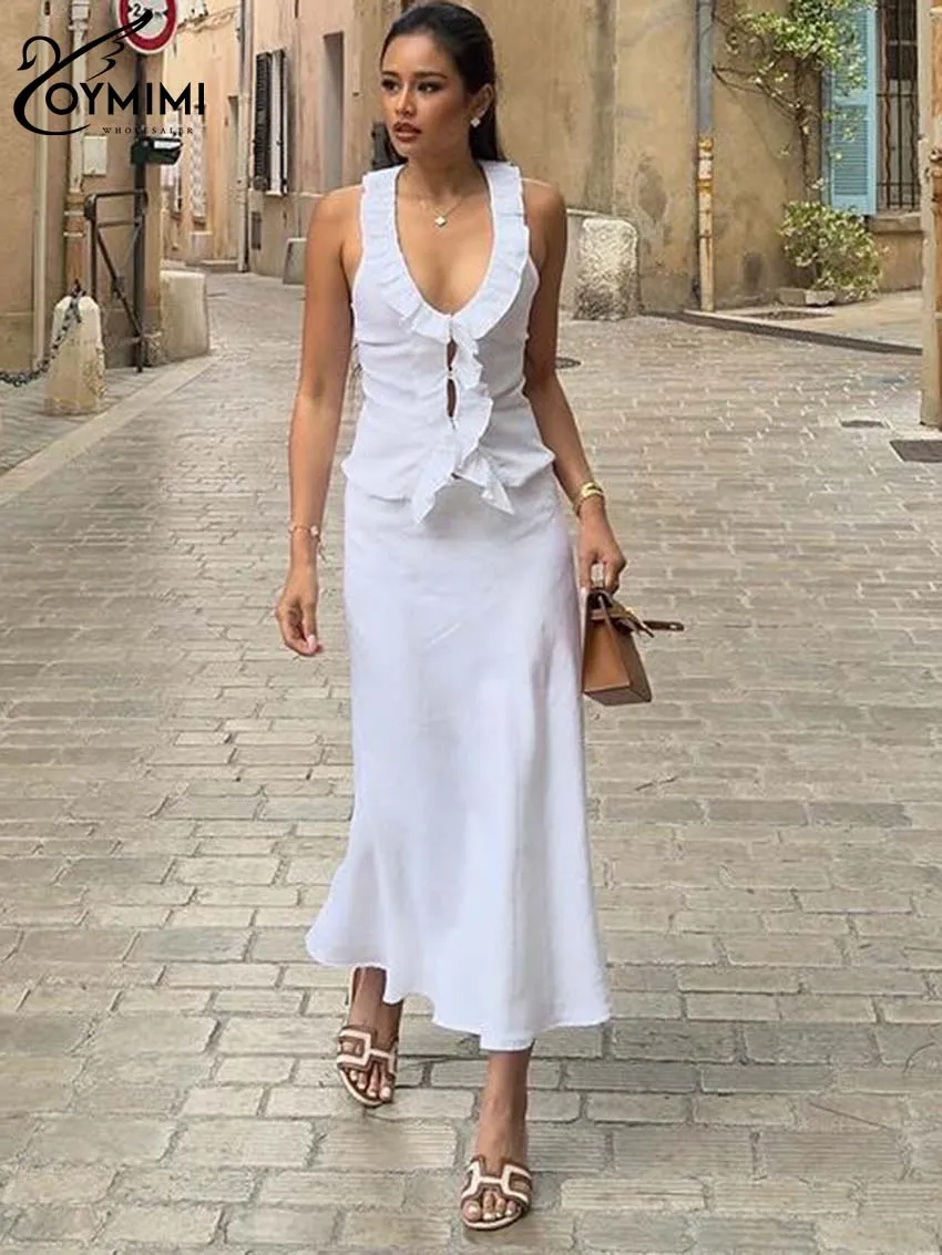 Oymimi Elegant White Cotton Women 2 Piece Set Outfit Fashion Slip Ruffled Button Tank Tops And High Waisted Straight Skirts Sets
Oymimi Elegant White Cotton Women 2 Piece Set Outfit Fashion Slip Ruffled Button Tank Tops And High Waisted Straight Skirts Sets