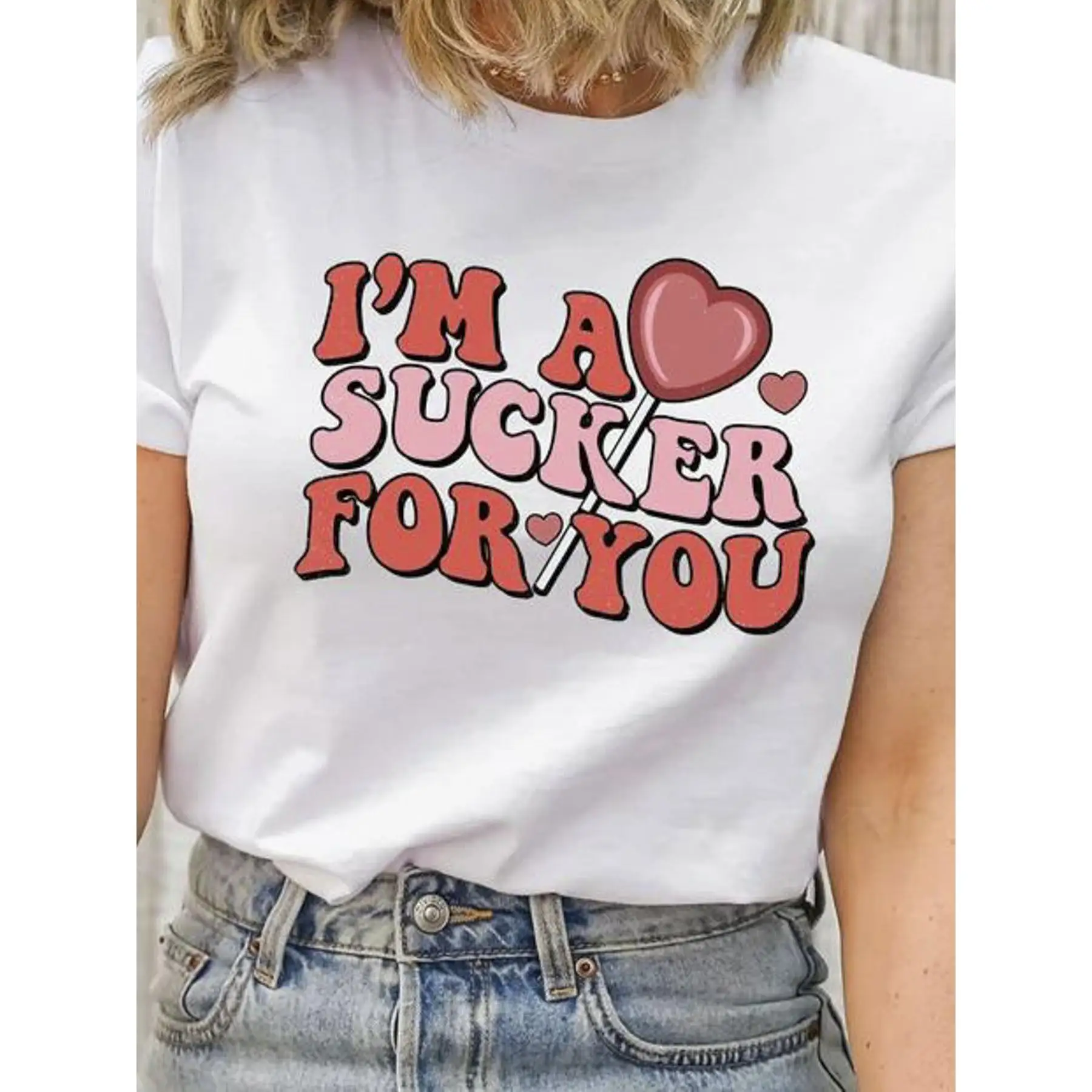 Women's Graphic T-Shirt - Playful Lollipop & Heart Print, Breathable Loose Fit Round Neck Short Sleeve Casual Top for Spring
Women's Graphic T-Shirt - Playful Lollipop & Heart Print, Breathable Loose Fit Round Neck Short Sleeve Casual Top for Spring