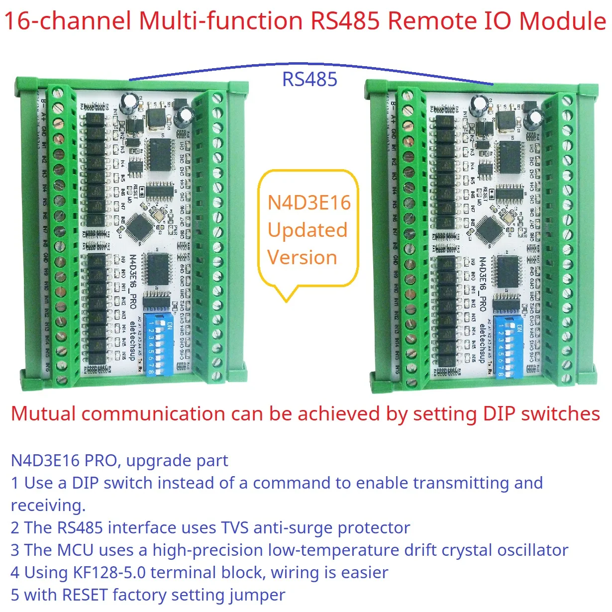16ch Bidirectional Full-duplex Transparent Transmission of Digital IO RS485 Modbus RTU Module N4D3E16 Pro DIP Switch Board DIY
16ch Bidirectional Full-duplex Transparent Transmission of Digital IO RS485 Modbus RTU Module N4D3E16 Pro DIP Switch Board DIY