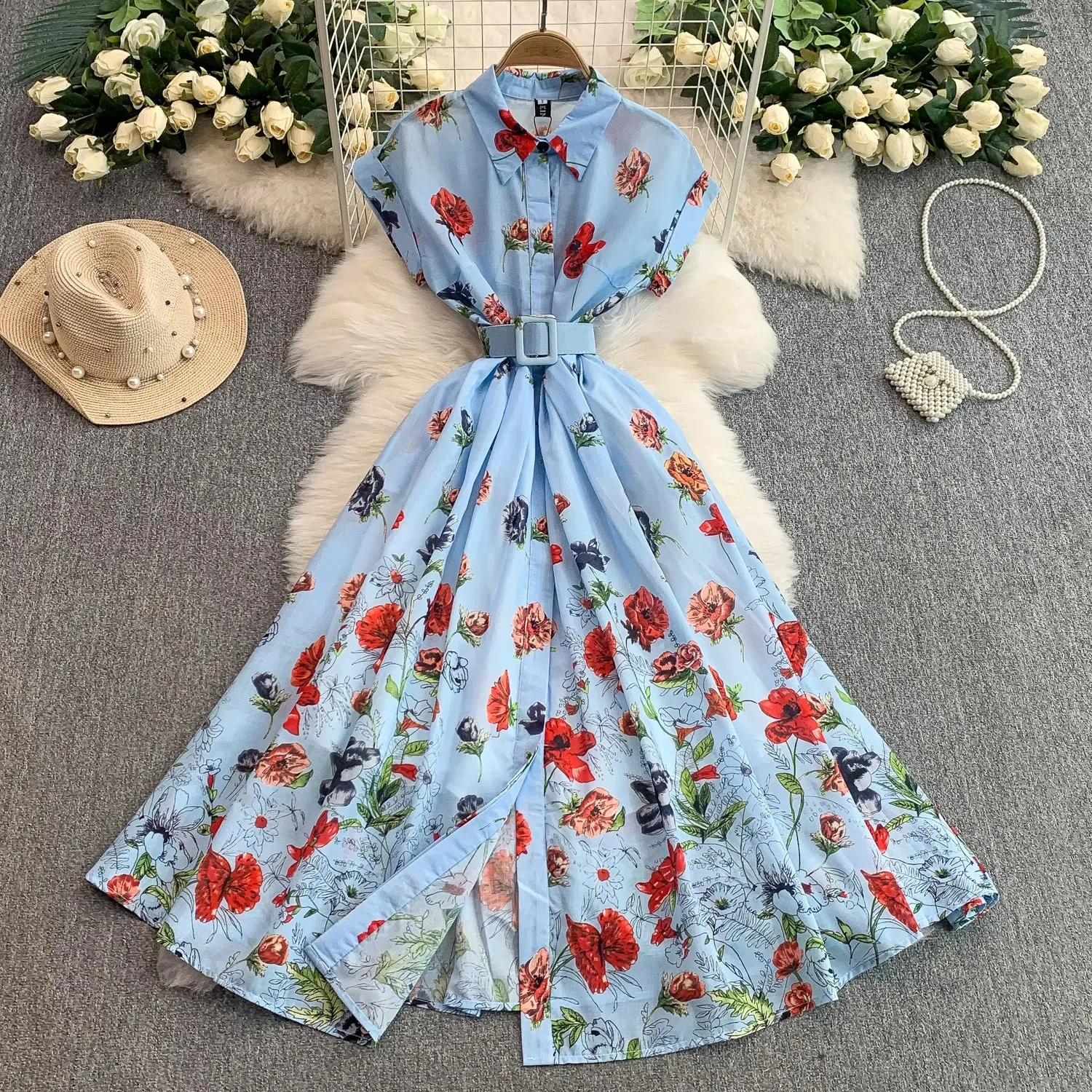 Designer Floral Long Dress Shirt for Women Summer Holiday Single-Breasted Printed Belt Midi Casual Dress Female
Designer Floral Long Dress Shirt for Women Summer Holiday Single-Breasted Printed Belt Midi Casual Dress Female