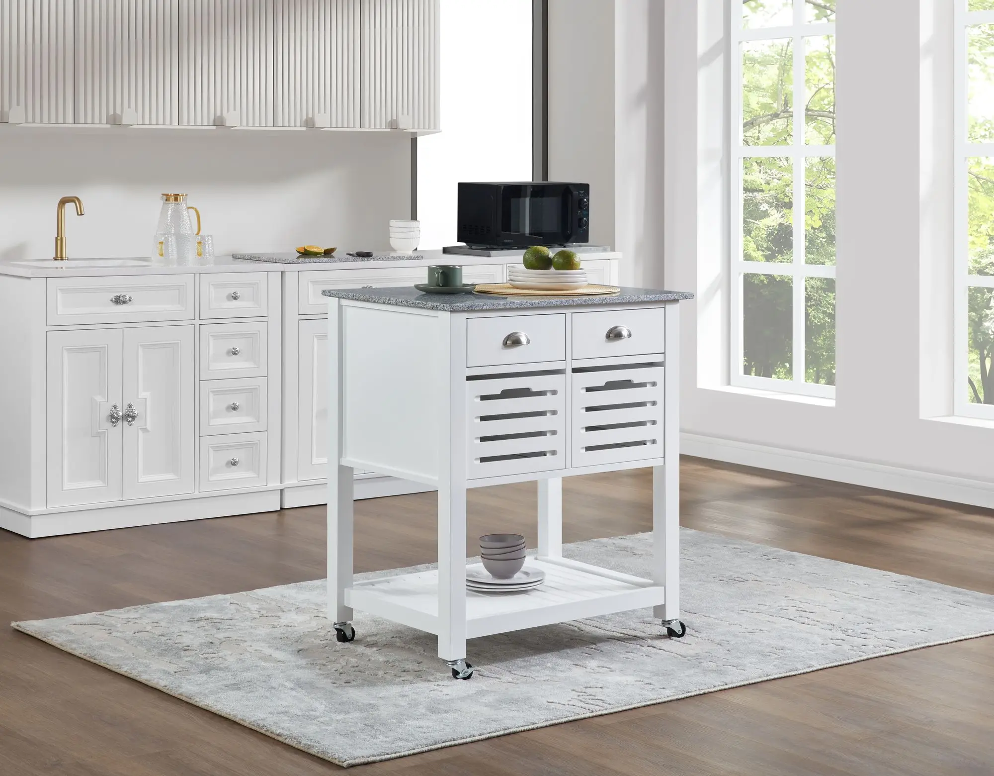 Mobile Rolling Kitchen Island Trolley Serving Cart with Underneath Drawer & Slide-Out Wire Storage Basket
Mobile Rolling Kitchen Island Trolley Serving Cart with Underneath Drawer & Slide-Out Wire Storage Basket