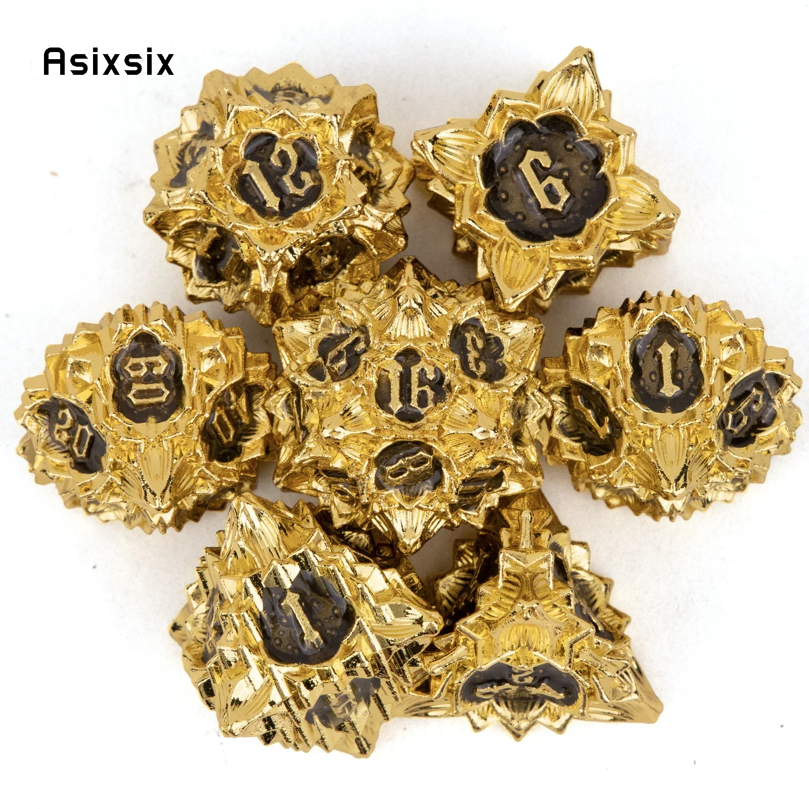 7 Pcs Golden Black Lotus Flower Metal Dice Solid Metal Polyhedral Dice Set Role-Playing RPG Board Party Dice Prop Gift
7 Pcs Golden Black Lotus Flower Metal Dice Solid Metal Polyhedral Dice Set Role-Playing RPG Board Party Dice Prop Gift