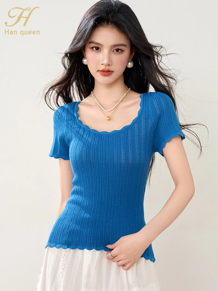 H Han Queen New 2025 Summer Tees Vintage Office O-Neck Casual Shirt Knitted Short Sleeve T-Shirt Casual Slim Korean Women Tops
H Han Queen New 2025 Summer Tees Vintage Office O-Neck Casual Shirt Knitted Short Sleeve T-Shirt Casual Slim Korean Women Tops