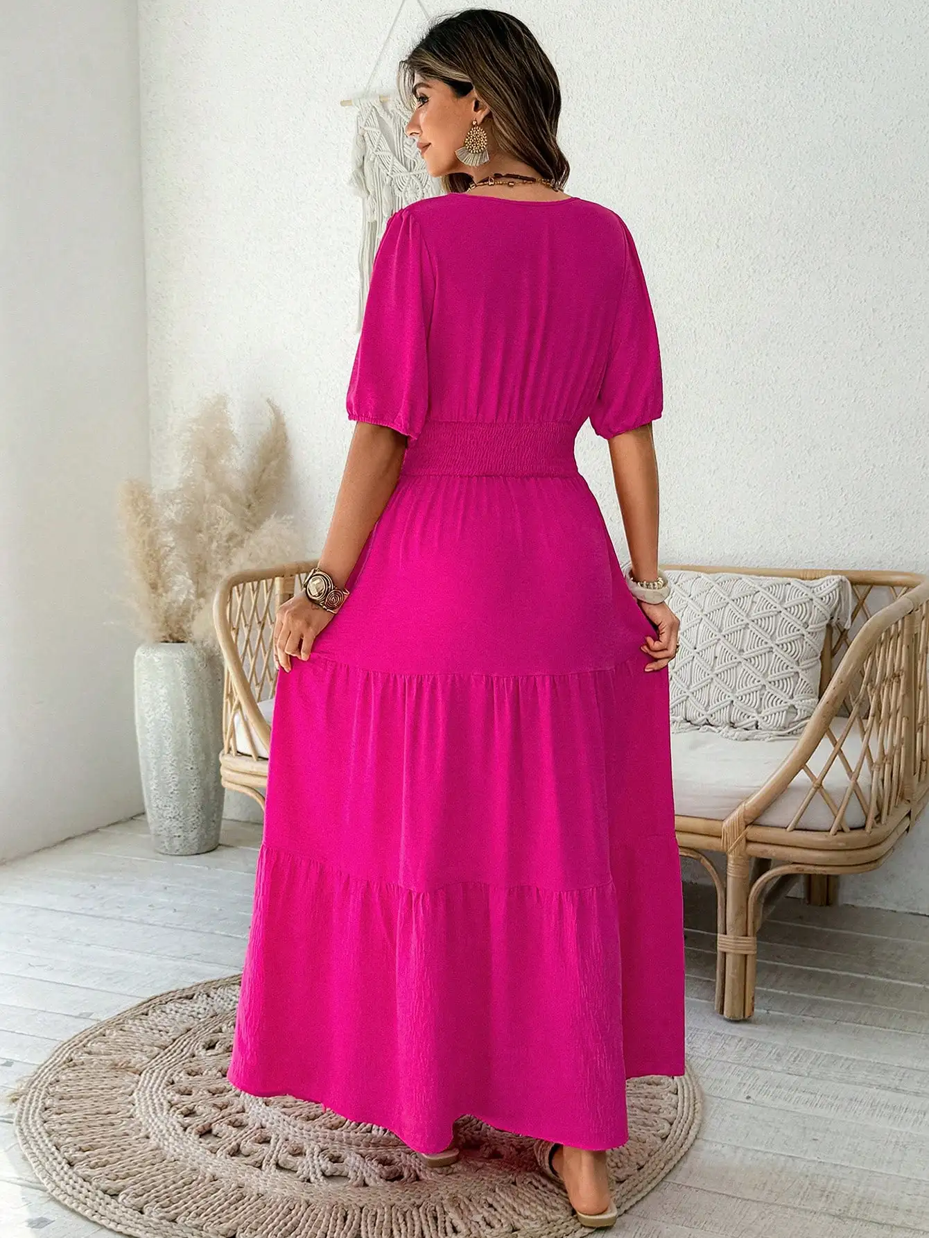 Hot Pink Maxi Dress For Women Summer Vacation Tiered V-Neck With Belt
Hot Pink Maxi Dress For Women Summer Vacation Tiered V-Neck With Belt